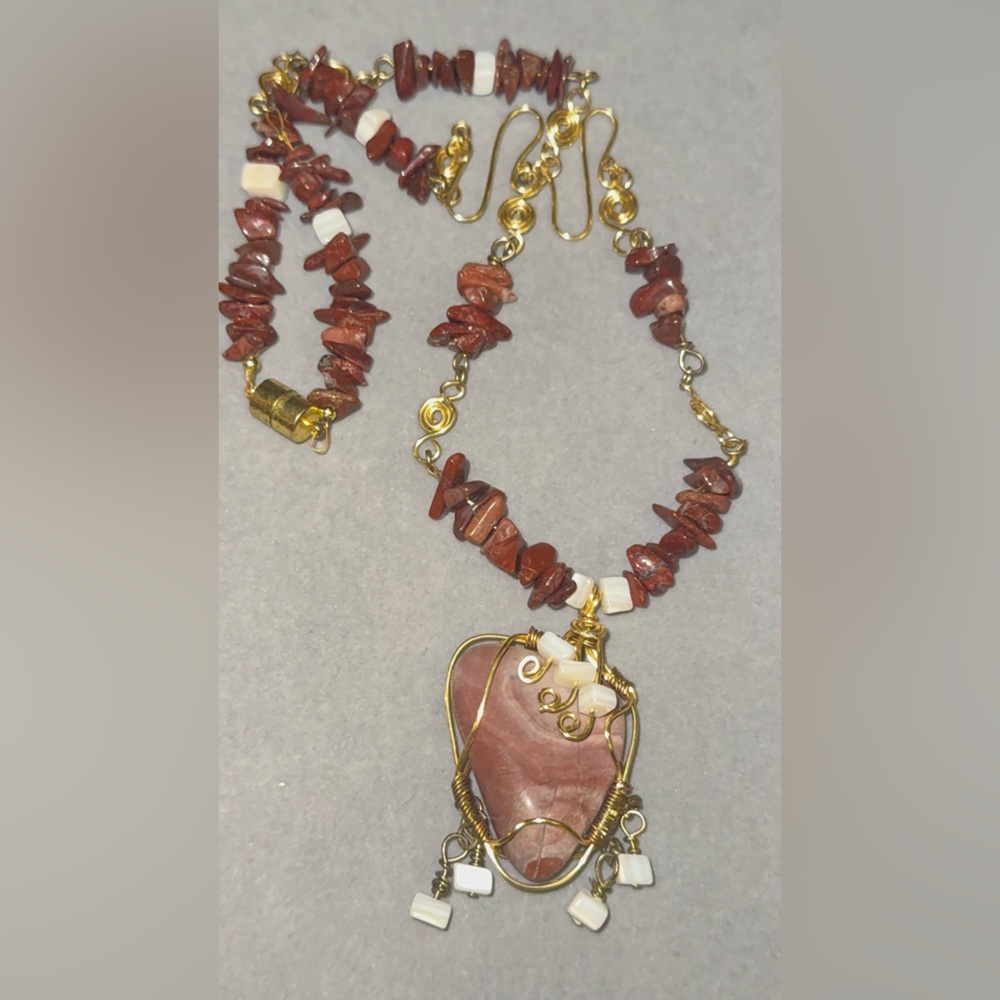 Gold and Brown Stone Wire-Wrapped Necklace
